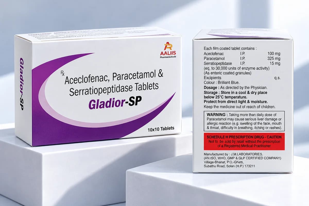 Gladior-SP (Film-coated tablet) pharmaceutical packaging - Aceclofenac IP 100 mg + Paracetamol IP 325 mg + Serratiopeptidase IP 15 mg (30,000 Units)