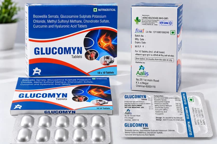 GLUCOMYN (Tablet) pharmaceutical packaging - Boswellia Serrata 200 mg + Glucosamine Sulphate Potassium Chloride 750 mg + Methyl Sulfonyl Methane 200 mg + Chondroitin Sulfate 100 mg + Curcumin (96%) 50 mg + Hyaluronic Acid 10 mg