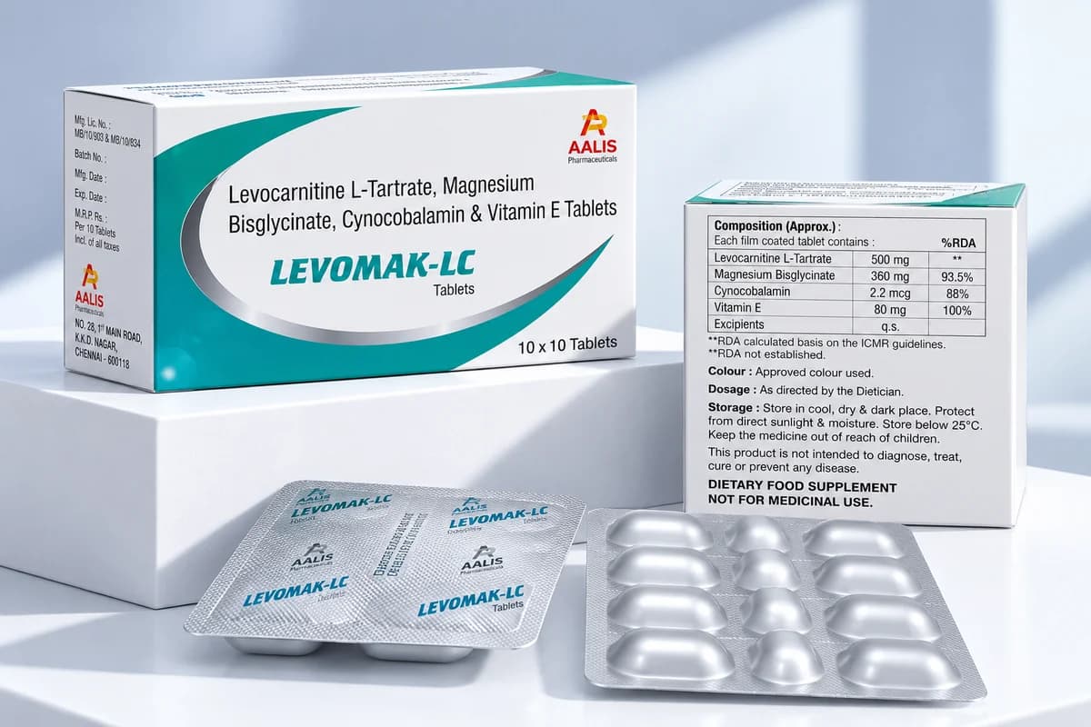 LEVOMAK-LC (Film-coated tablet) pharmaceutical packaging - Levocarnitine L-Tartrate 500 mg + Magnesium Bisglycinate 360 mg + Cyanocobalamin 2.2 mg + Vitamin E 80 mg