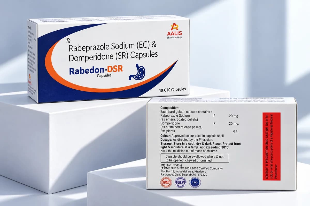 Rabedon-DSR (Hard gelatin capsule) pharmaceutical packaging - Rabeprazole Sodium IP 20 mg (Enteric-coated) + Domperidone IP 30 mg (Sustained-release)