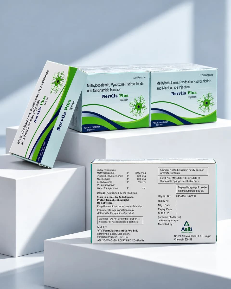 Nervlis Plus (Injection) packaging - Methylcobalamin 1500 mcg + Pyridoxine HCl 100 mg + Nicotinamide 100 mg + Benzyl Alcohol 2% v/v